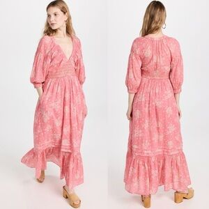 Free People Womens Pink Floral Ruffle  Cottagecore Smocked V Neck Maxi Dress